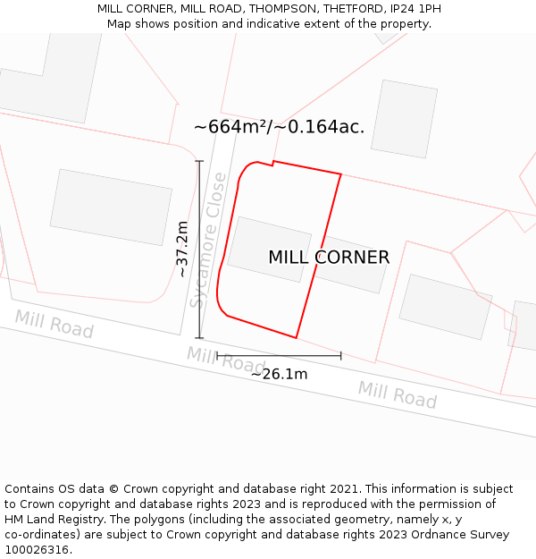 MILL CORNER, MILL ROAD, THOMPSON, THETFORD, IP24 1PH: Plot and title map