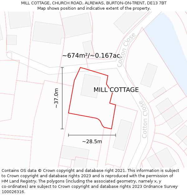 MILL COTTAGE, CHURCH ROAD, ALREWAS, BURTON-ON-TRENT, DE13 7BT: Plot and title map