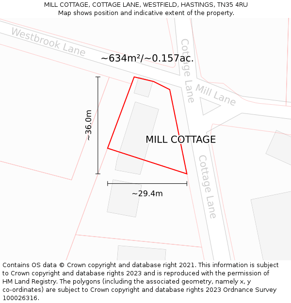 MILL COTTAGE, COTTAGE LANE, WESTFIELD, HASTINGS, TN35 4RU: Plot and title map