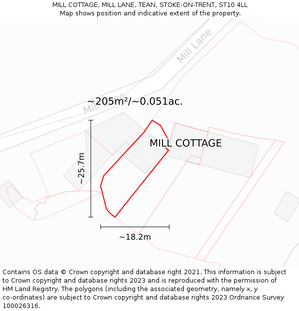 MILL COTTAGE, MILL LANE, TEAN, STOKE-ON-TRENT, ST10 4LL: Plot and title map