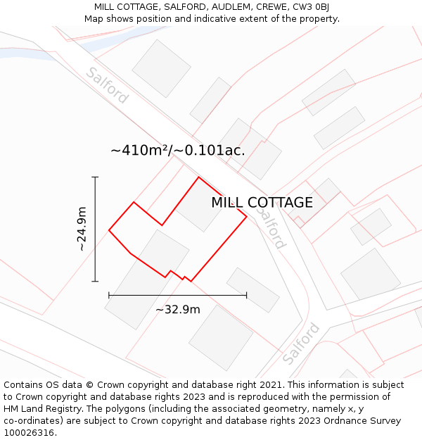 MILL COTTAGE, SALFORD, AUDLEM, CREWE, CW3 0BJ: Plot and title map