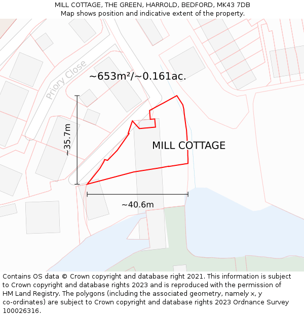 MILL COTTAGE, THE GREEN, HARROLD, BEDFORD, MK43 7DB: Plot and title map