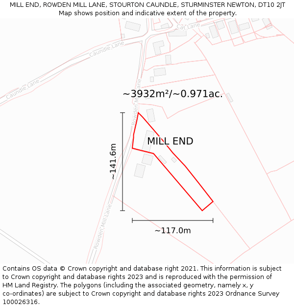 MILL END, ROWDEN MILL LANE, STOURTON CAUNDLE, STURMINSTER NEWTON, DT10 2JT: Plot and title map