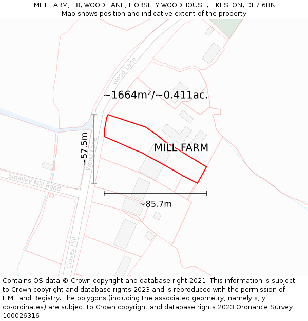 MILL FARM, 18, WOOD LANE, HORSLEY WOODHOUSE, ILKESTON, DE7 6BN: Plot and title map