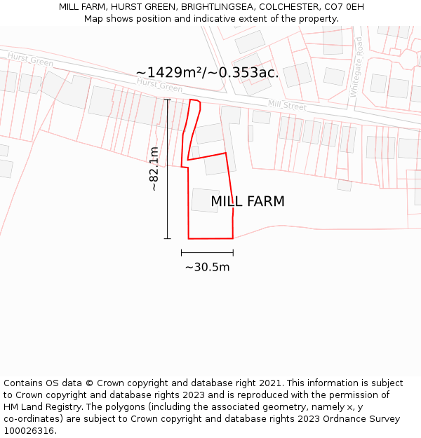 MILL FARM, HURST GREEN, BRIGHTLINGSEA, COLCHESTER, CO7 0EH: Plot and title map