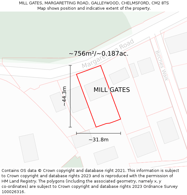 MILL GATES, MARGARETTING ROAD, GALLEYWOOD, CHELMSFORD, CM2 8TS: Plot and title map