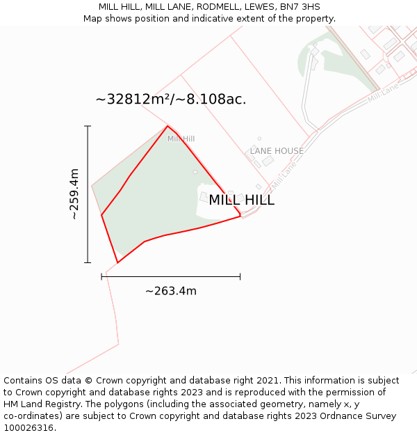 MILL HILL, MILL LANE, RODMELL, LEWES, BN7 3HS: Plot and title map