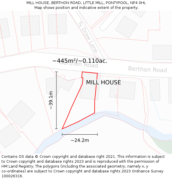 MILL HOUSE, BERTHON ROAD, LITTLE MILL, PONTYPOOL, NP4 0HL: Plot and title map