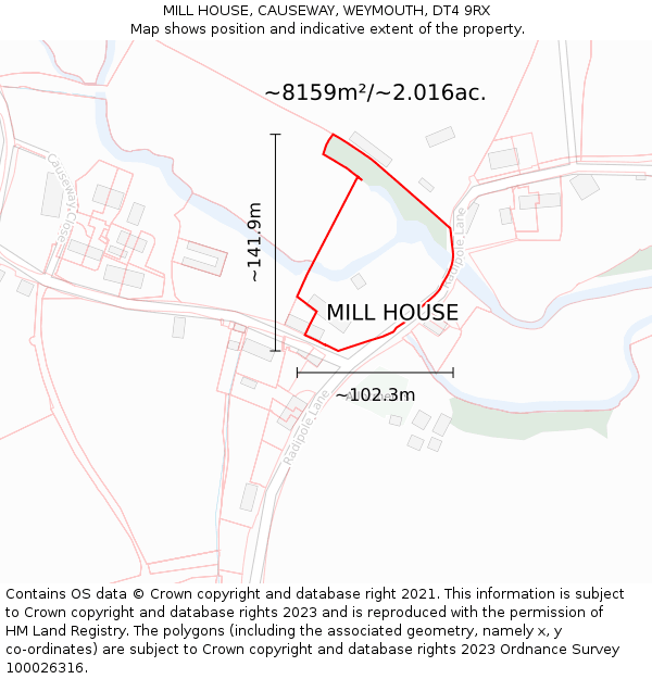 MILL HOUSE, CAUSEWAY, WEYMOUTH, DT4 9RX: Plot and title map