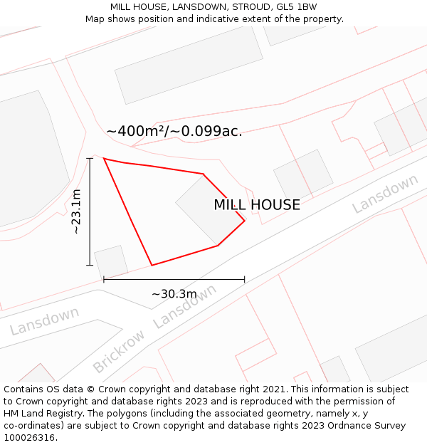 MILL HOUSE, LANSDOWN, STROUD, GL5 1BW: Plot and title map