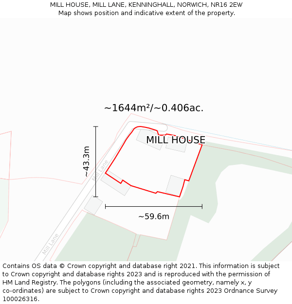 MILL HOUSE, MILL LANE, KENNINGHALL, NORWICH, NR16 2EW: Plot and title map