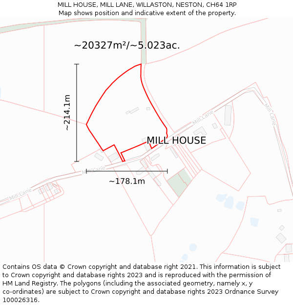 MILL HOUSE, MILL LANE, WILLASTON, NESTON, CH64 1RP: Plot and title map