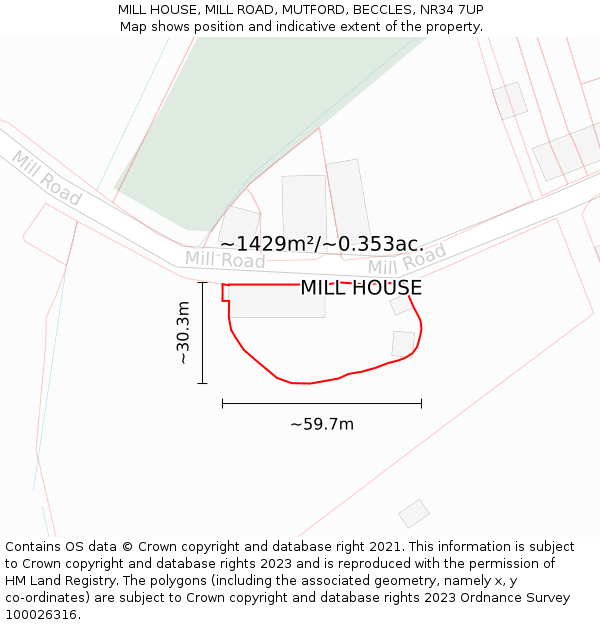 MILL HOUSE, MILL ROAD, MUTFORD, BECCLES, NR34 7UP: Plot and title map