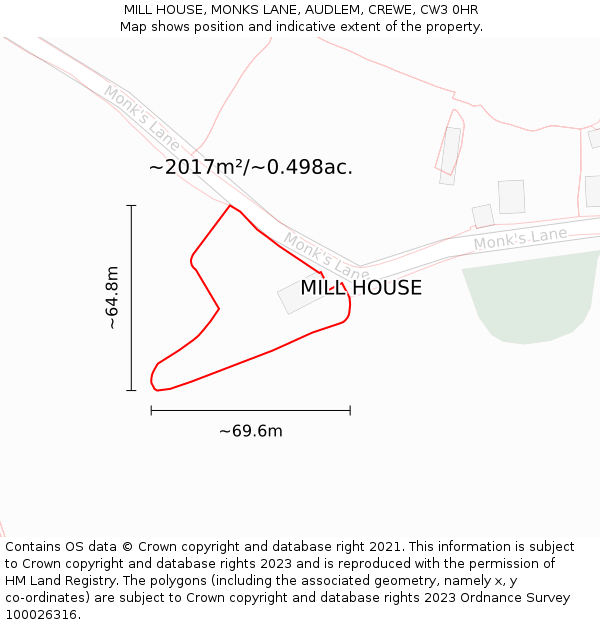 MILL HOUSE, MONKS LANE, AUDLEM, CREWE, CW3 0HR: Plot and title map