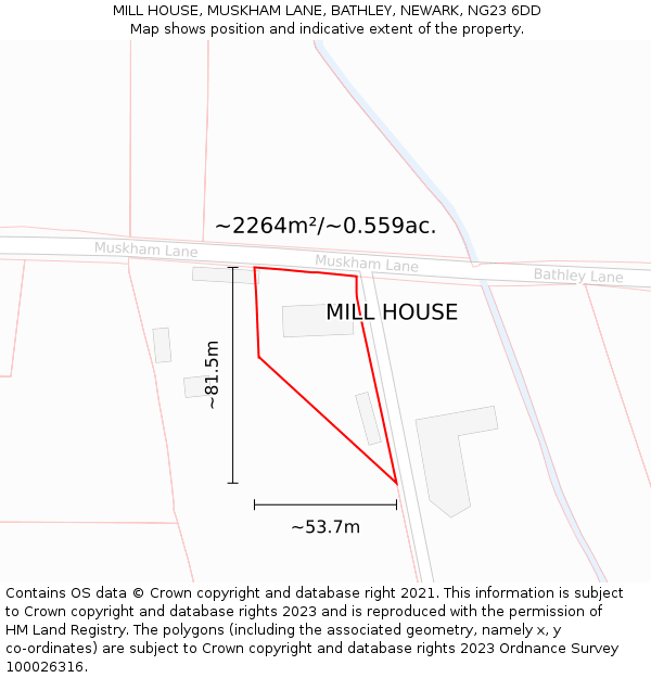 MILL HOUSE, MUSKHAM LANE, BATHLEY, NEWARK, NG23 6DD: Plot and title map