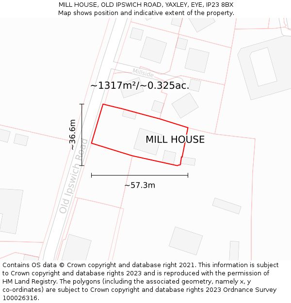 MILL HOUSE, OLD IPSWICH ROAD, YAXLEY, EYE, IP23 8BX: Plot and title map