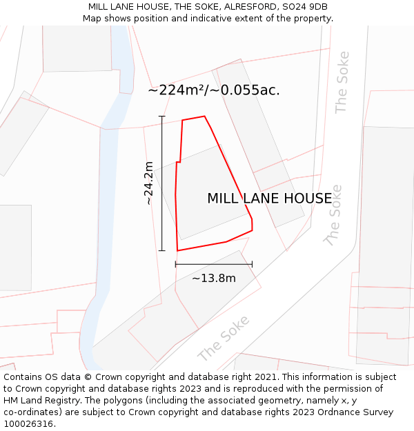 MILL LANE HOUSE, THE SOKE, ALRESFORD, SO24 9DB: Plot and title map