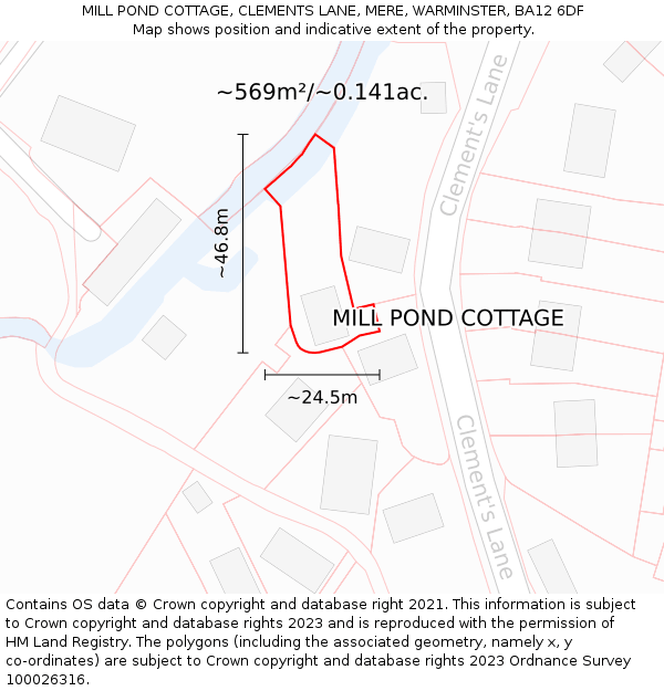 MILL POND COTTAGE, CLEMENTS LANE, MERE, WARMINSTER, BA12 6DF: Plot and title map