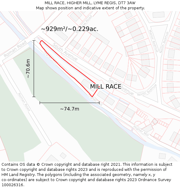 MILL RACE, HIGHER MILL, LYME REGIS, DT7 3AW: Plot and title map