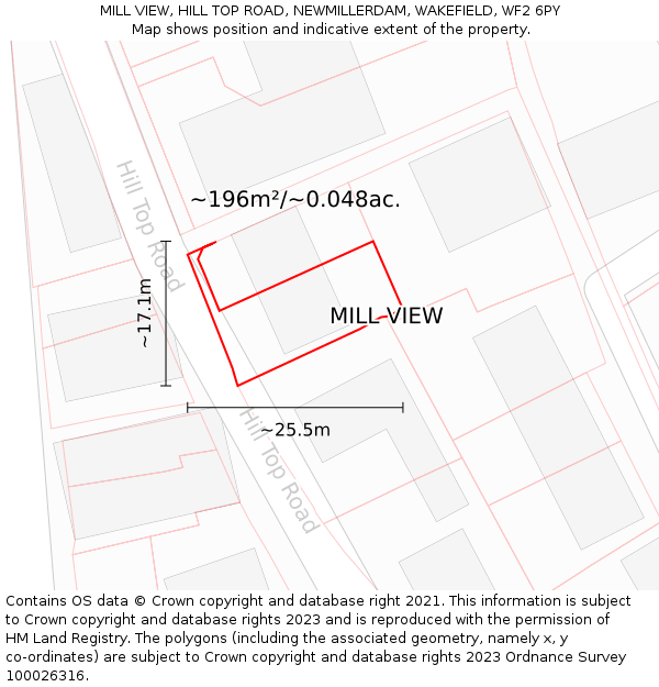 MILL VIEW, HILL TOP ROAD, NEWMILLERDAM, WAKEFIELD, WF2 6PY: Plot and title map