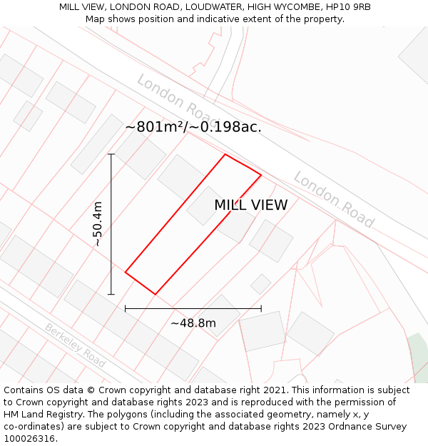 MILL VIEW, LONDON ROAD, LOUDWATER, HIGH WYCOMBE, HP10 9RB: Plot and title map