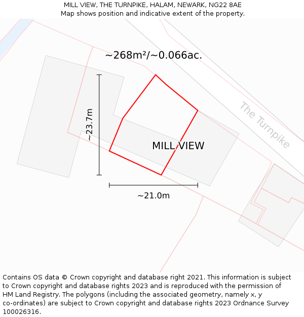 MILL VIEW, THE TURNPIKE, HALAM, NEWARK, NG22 8AE: Plot and title map