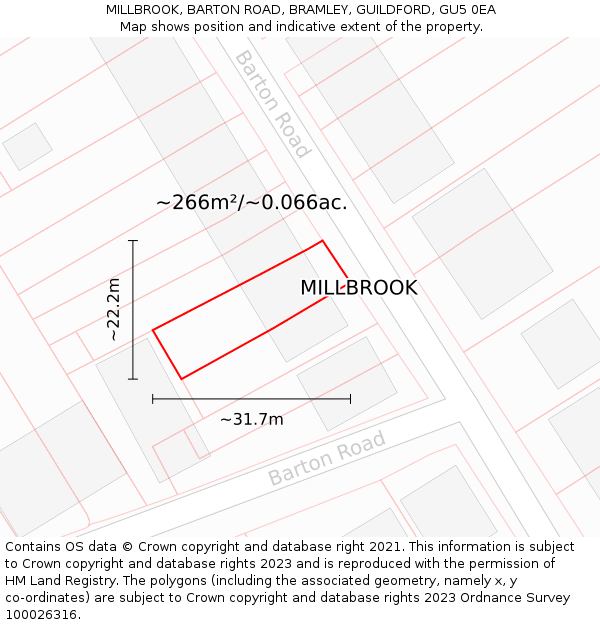 MILLBROOK, BARTON ROAD, BRAMLEY, GUILDFORD, GU5 0EA: Plot and title map