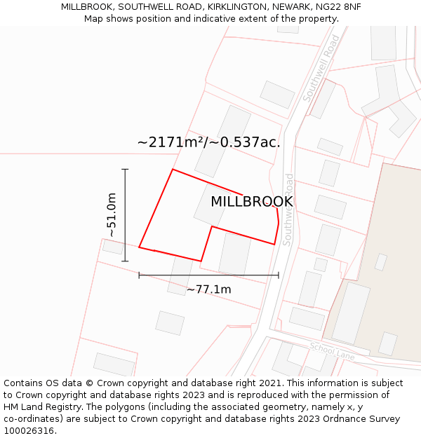 MILLBROOK, SOUTHWELL ROAD, KIRKLINGTON, NEWARK, NG22 8NF: Plot and title map