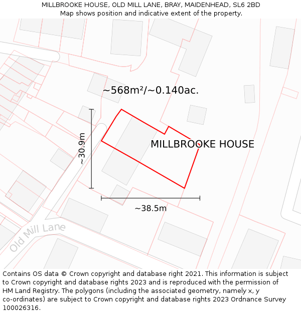 MILLBROOKE HOUSE, OLD MILL LANE, BRAY, MAIDENHEAD, SL6 2BD: Plot and title map