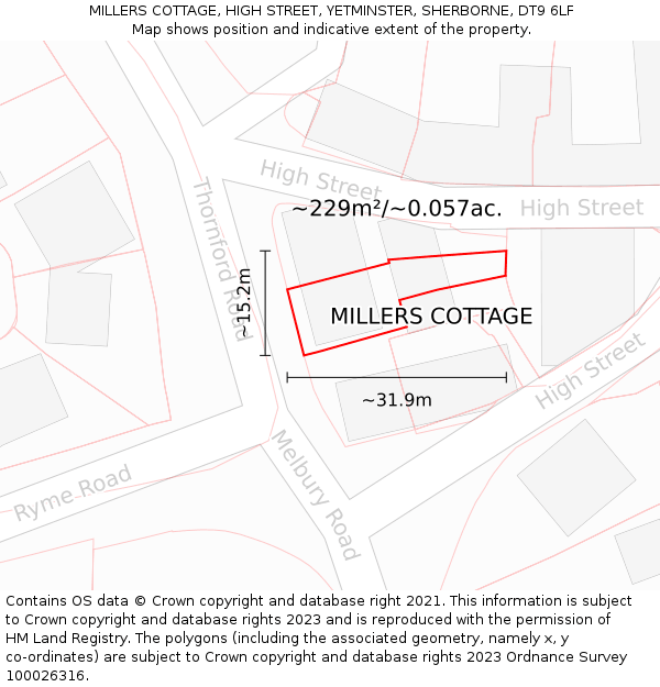 MILLERS COTTAGE, HIGH STREET, YETMINSTER, SHERBORNE, DT9 6LF: Plot and title map