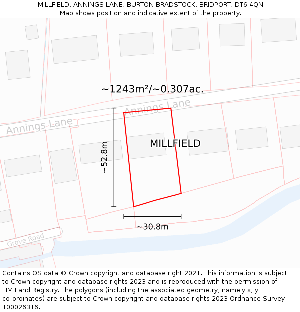 MILLFIELD, ANNINGS LANE, BURTON BRADSTOCK, BRIDPORT, DT6 4QN: Plot and title map