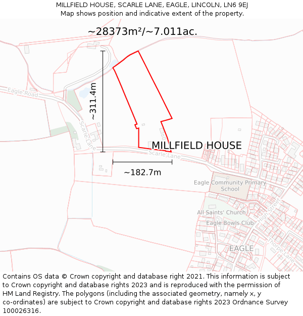 MILLFIELD HOUSE, SCARLE LANE, EAGLE, LINCOLN, LN6 9EJ: Plot and title map