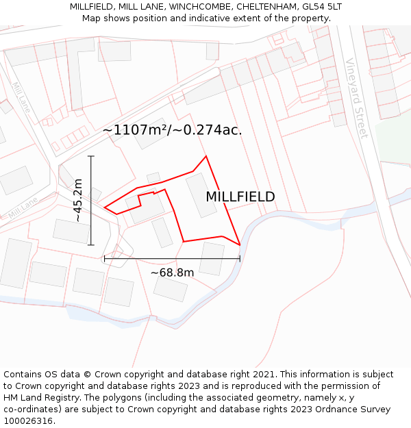 MILLFIELD, MILL LANE, WINCHCOMBE, CHELTENHAM, GL54 5LT: Plot and title map