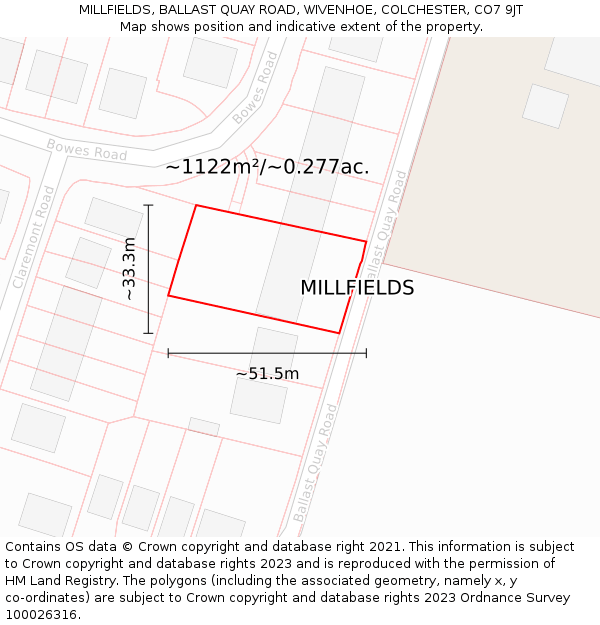 MILLFIELDS, BALLAST QUAY ROAD, WIVENHOE, COLCHESTER, CO7 9JT: Plot and title map