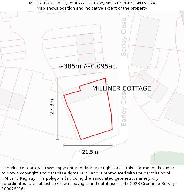 MILLINER COTTAGE, PARLIAMENT ROW, MALMESBURY, SN16 9NX: Plot and title map