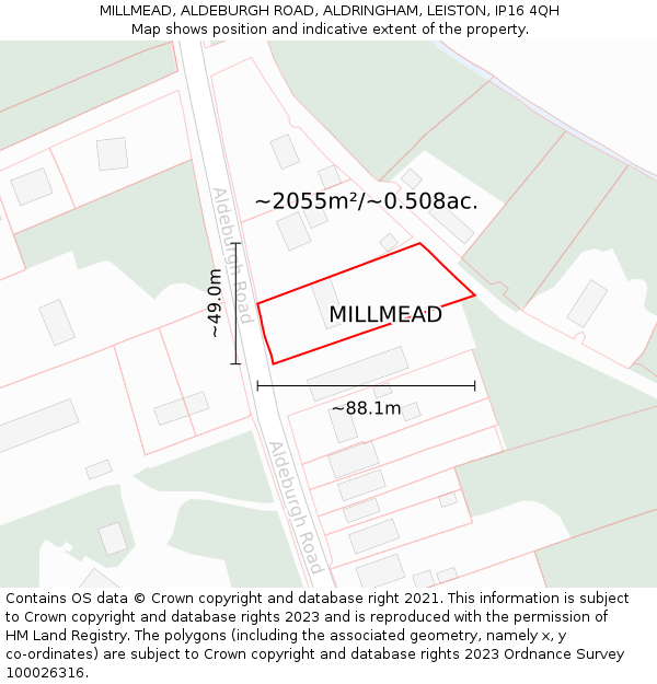 MILLMEAD, ALDEBURGH ROAD, ALDRINGHAM, LEISTON, IP16 4QH: Plot and title map