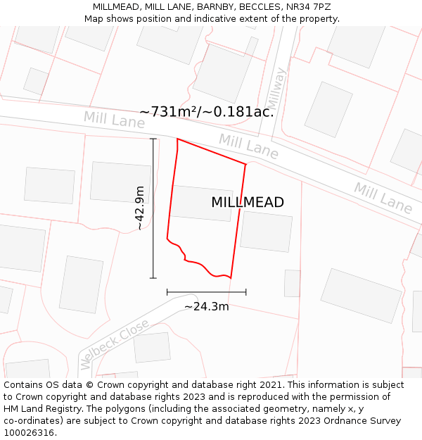 MILLMEAD, MILL LANE, BARNBY, BECCLES, NR34 7PZ: Plot and title map