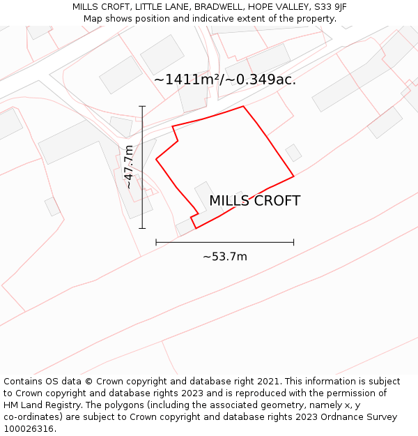 MILLS CROFT, LITTLE LANE, BRADWELL, HOPE VALLEY, S33 9JF: Plot and title map