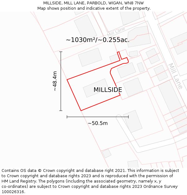 MILLSIDE, MILL LANE, PARBOLD, WIGAN, WN8 7NW: Plot and title map