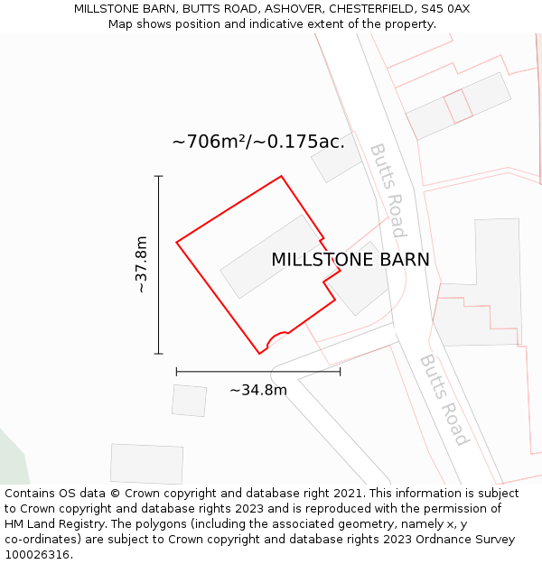 MILLSTONE BARN, BUTTS ROAD, ASHOVER, CHESTERFIELD, S45 0AX: Plot and title map