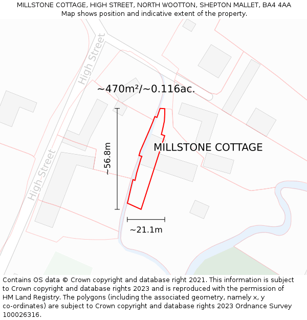 MILLSTONE COTTAGE, HIGH STREET, NORTH WOOTTON, SHEPTON MALLET, BA4 4AA: Plot and title map