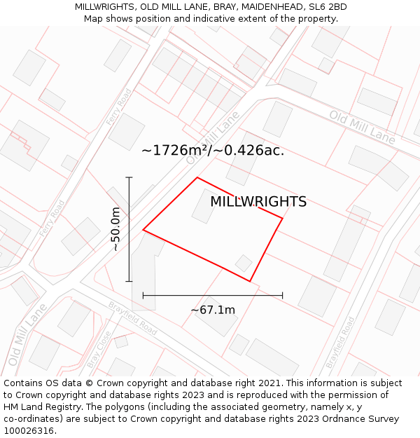 MILLWRIGHTS, OLD MILL LANE, BRAY, MAIDENHEAD, SL6 2BD: Plot and title map