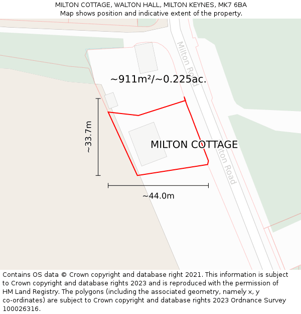 MILTON COTTAGE, WALTON HALL, MILTON KEYNES, MK7 6BA: Plot and title map