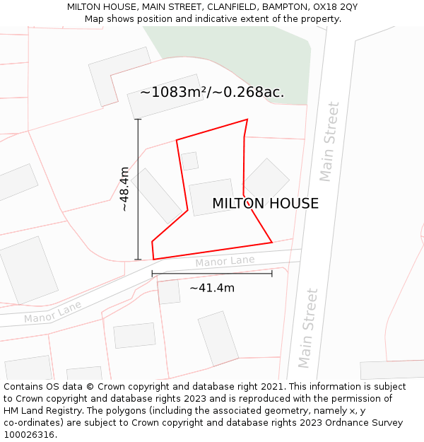 MILTON HOUSE, MAIN STREET, CLANFIELD, BAMPTON, OX18 2QY: Plot and title map