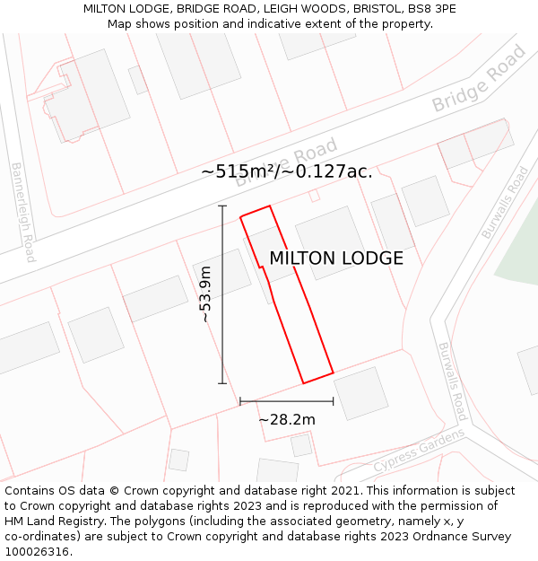 MILTON LODGE, BRIDGE ROAD, LEIGH WOODS, BRISTOL, BS8 3PE: Plot and title map