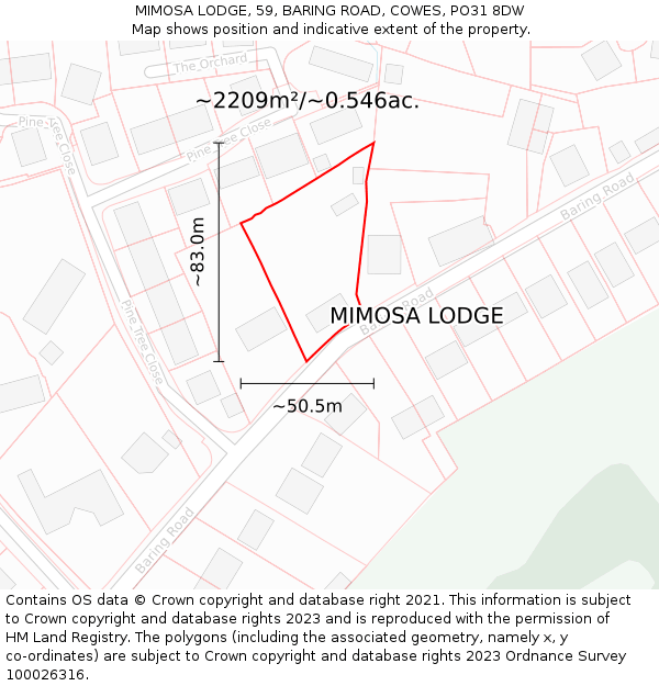 MIMOSA LODGE, 59, BARING ROAD, COWES, PO31 8DW: Plot and title map