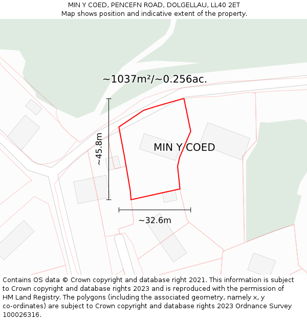 MIN Y COED, PENCEFN ROAD, DOLGELLAU, LL40 2ET: Plot and title map