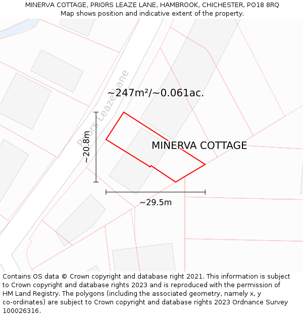 MINERVA COTTAGE, PRIORS LEAZE LANE, HAMBROOK, CHICHESTER, PO18 8RQ: Plot and title map