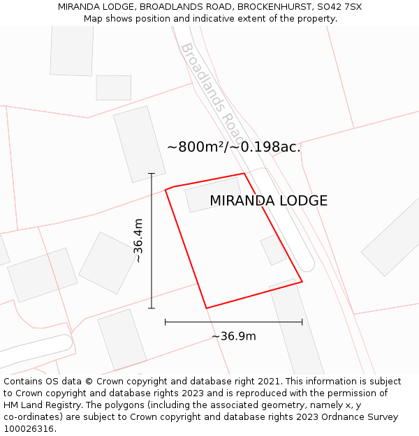 MIRANDA LODGE, BROADLANDS ROAD, BROCKENHURST, SO42 7SX: Plot and title map