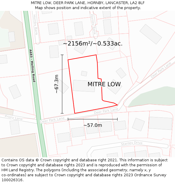 MITRE LOW, DEER PARK LANE, HORNBY, LANCASTER, LA2 8LF: Plot and title map